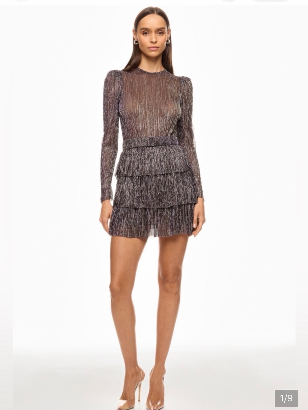 Sabina Musayev Metallic Belted Tiered Long-Sleeve Dress in Black/ Silver
